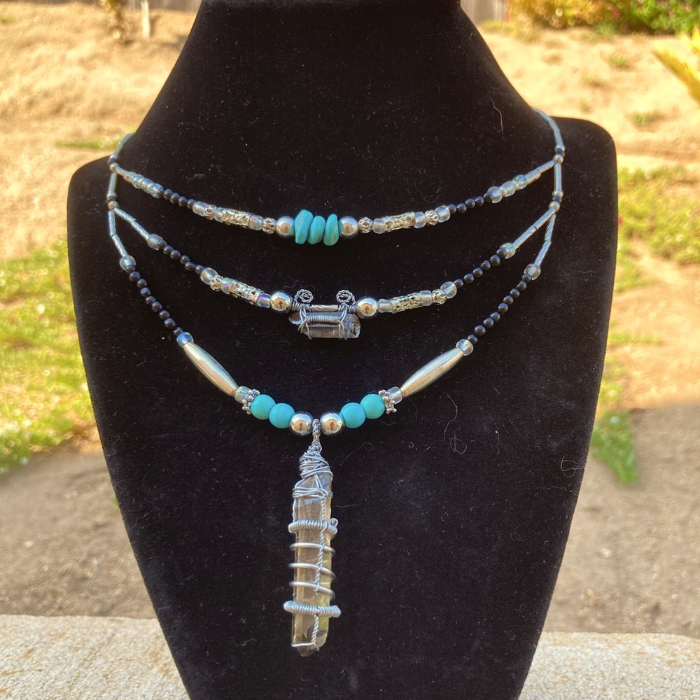 Triple Layer Beaded Necklace with Crystal Pendant